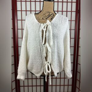 White Coquette Boho Bow Tie Front Lana Wool Blend Soft Fuzzy Cardigan Sweater